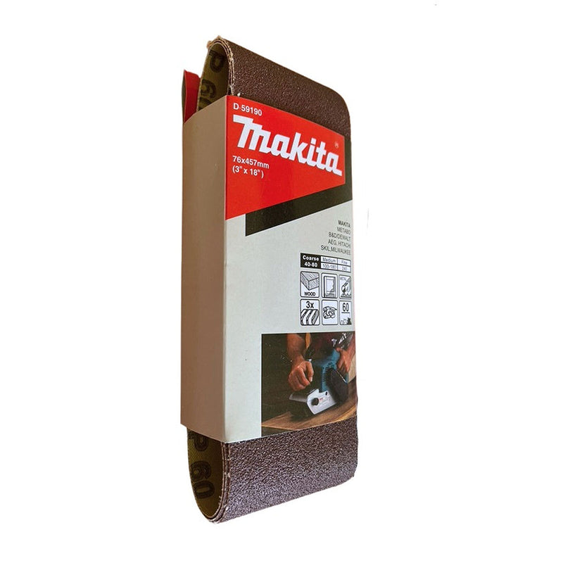 Hộp 3 giấy nhám băng kích thước 76x457mm Makita cho gỗ, sơn, kim loại tương thích với máy Makita 9910 ( Cấp 2 sao )