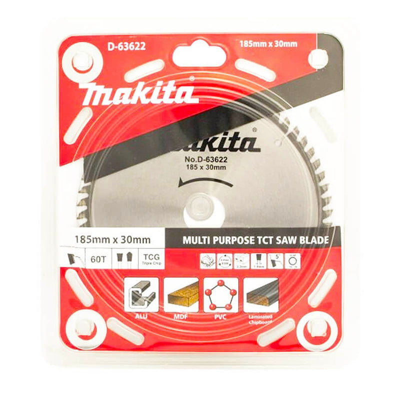 Lưỡi cưa đa vật liệu TCT Makita D-63622 đường kính 185mm, 60 răng kiểu TCG, lỗ cốt 30mm dùng cho máy cưa đĩa ( Cấp 1 sao )