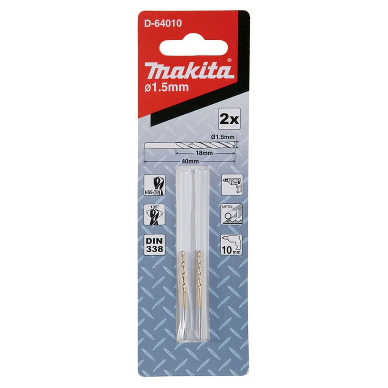 Vĩ 2 mũi khoan kim loại HSS-Tin Makita loại kinh tế, kích thước từ 1mm - 4mm, đuôi trơn ( Cấp 2 sao )