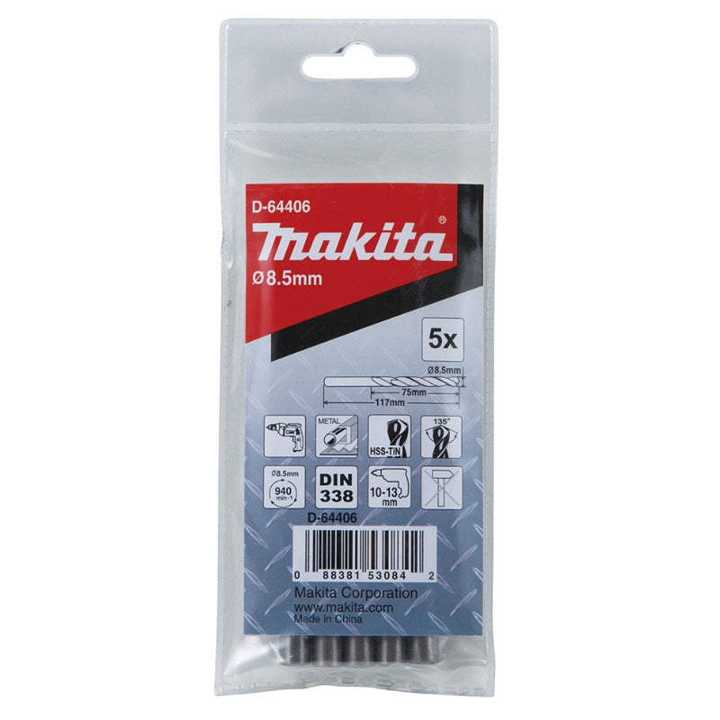 Túi 5 mũi khoan kim loại HSS-Tin Makita loại kinh tế, kích thước từ 8.5mm - 13mm, đuôi trơn