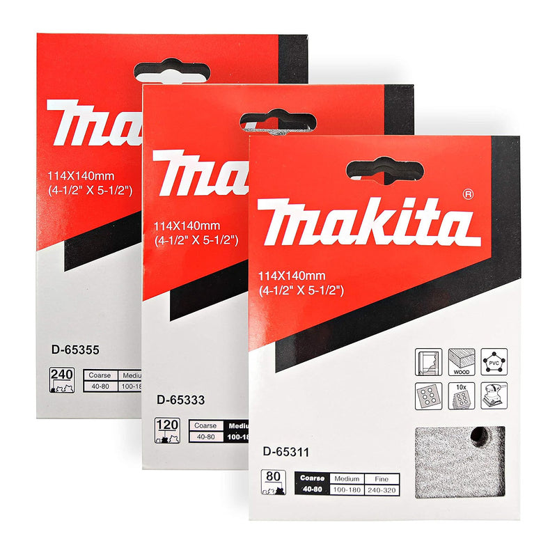 Hộp 10 giấy nhám vuông đục lỗ 114x140mm Makita cho gỗ, nhựa PVC và tẩy sơn bề mặt dùng với đế kẹp tương thích với các máy BO451OH, BO4558, BO4556, BO4555,BO4557 ( Cấp 2 sao )