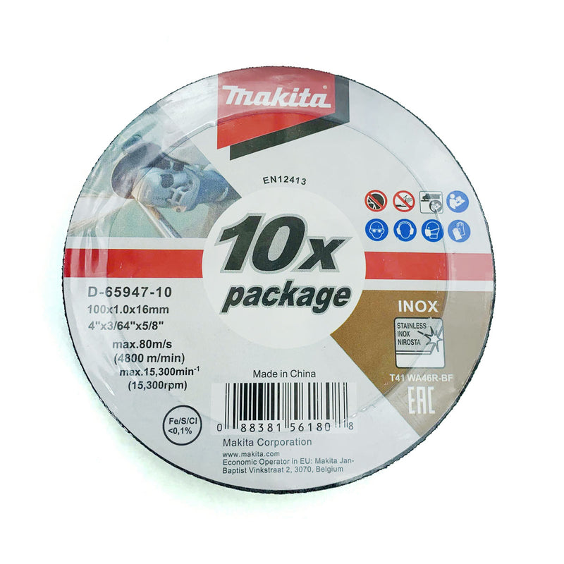 Hộp 10 lưỡi đá cắt Inox 100mm ( 4 inch ) Makita D-65947-10 dày 1mm, lỗ cốt 16mm ( 5/8 inch ) đĩa phẳng ( Cấp 2 sao )