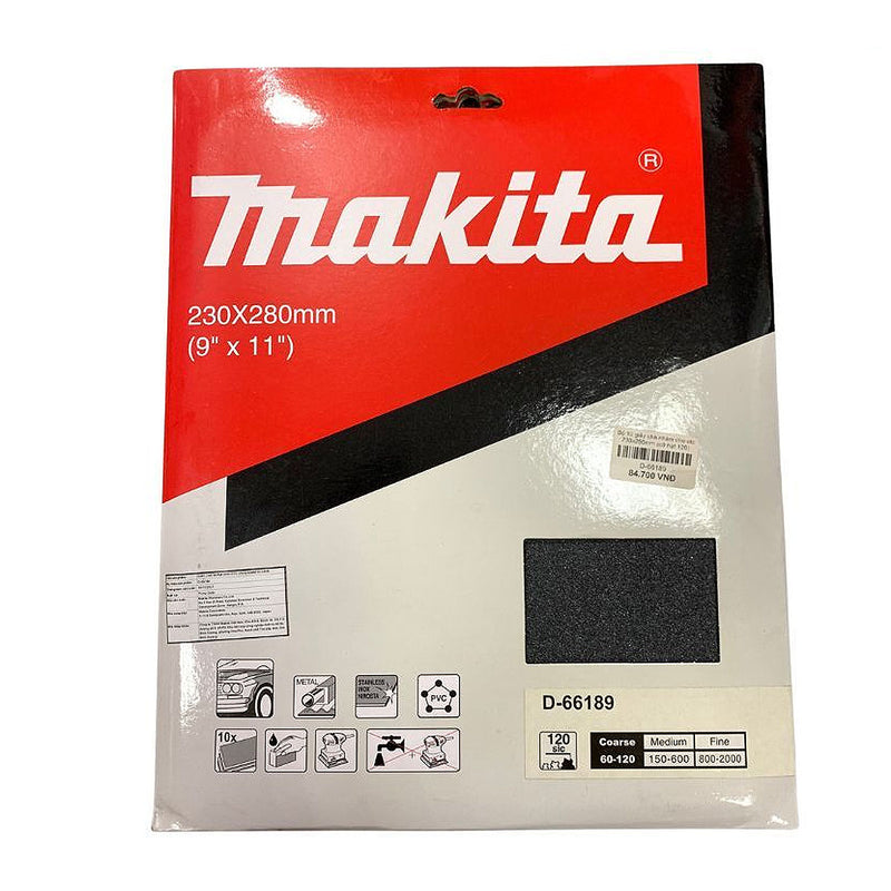 Hộp 10 giấy nhám ướt khổ lớn 230x280mm hạt Carbody Makita cho Inox, kim loại, nhựa PVC và tẩy sơn bề mặt dùng với đế kẹp ( Cấp 1 sao )