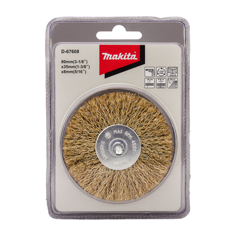 Bánh cước kim loại sợi thép thẳng phủ đồng thau Makita D-67608 đường kính 80mm, trục cốt 8mm dùng cho máy khoan ( Cấp 2 sao )