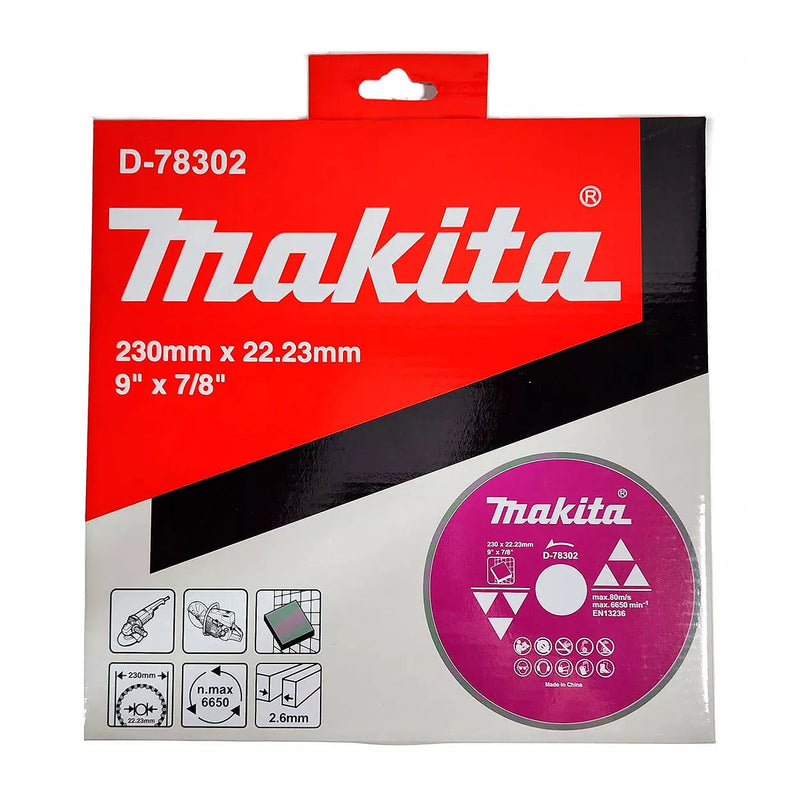 Lưỡi cắt kim cương 230mm kiểu mép phẳng Makita D-78302 dùng cho gạch ngói, lỗ cốt 22.23mm, cắt khô & nước, đạt tiêu chuẩn EN13236 ( Cấp 1 sao )