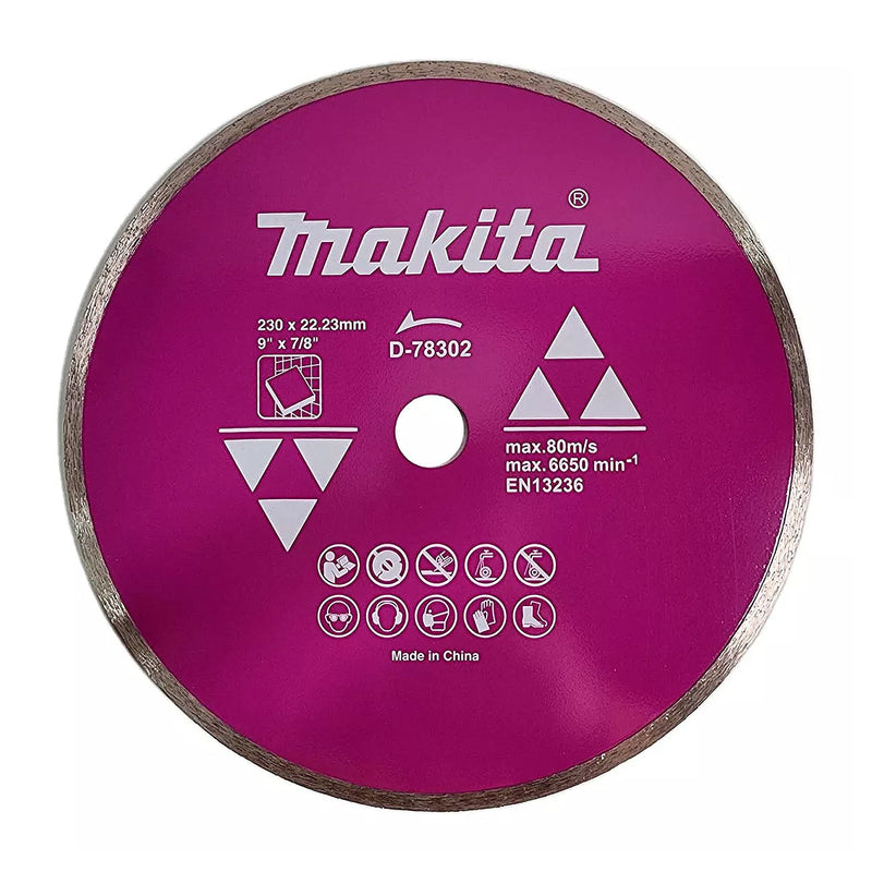 Lưỡi cắt kim cương 230mm kiểu mép phẳng Makita D-78302 dùng cho gạch ngói, lỗ cốt 22.23mm, cắt khô & nước, đạt tiêu chuẩn EN13236 ( Cấp 1 sao )