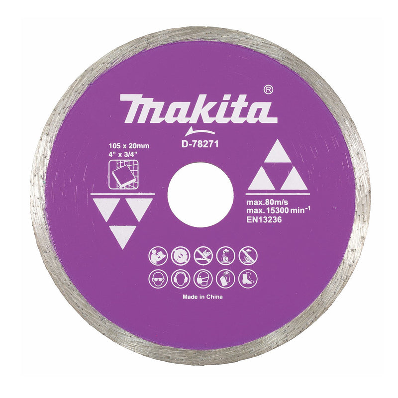 Lưỡi cắt kim cương 105mm kiểu mép phẳng Makita D-78271 dùng cho gạch ngói, lỗ cốt 20mm, cắt khô & nước, đạt tiêu chuẩn EN13236 ( Cấp 1 sao )