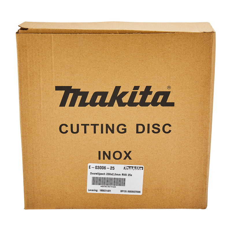 Hộp 25 đá cắt Inox loại mỏng 230mm ( 9 inch ) Makita E-03006-25 dày 2mm, lỗ cốt 22.23mm ( 7/8 inch ) ( Cấp 3 sao )