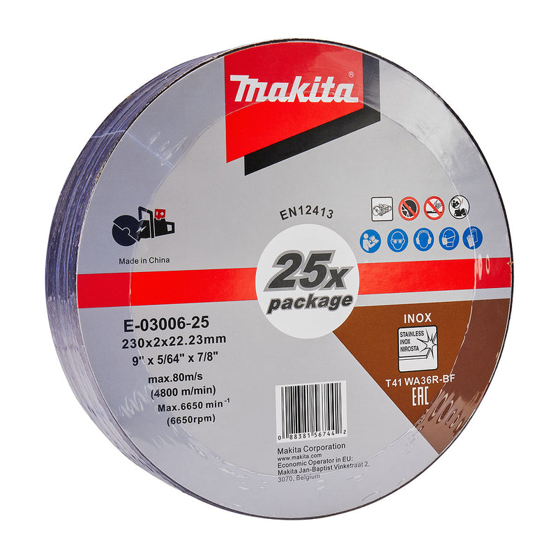 Hộp 25 đá cắt Inox loại mỏng 230mm ( 9 inch ) Makita E-03006-25 dày 2mm, lỗ cốt 22.23mm ( 7/8 inch ) ( Cấp 3 sao )