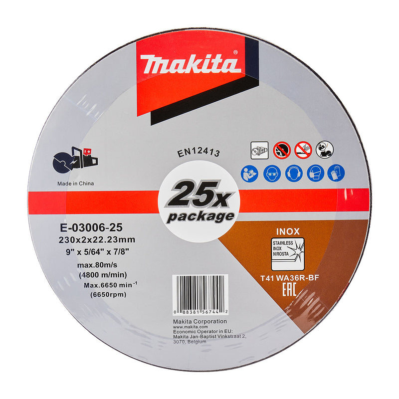 Hộp 25 đá cắt Inox loại mỏng 230mm ( 9 inch ) Makita E-03006-25 dày 2mm, lỗ cốt 22.23mm ( 7/8 inch ) ( Cấp 3 sao )