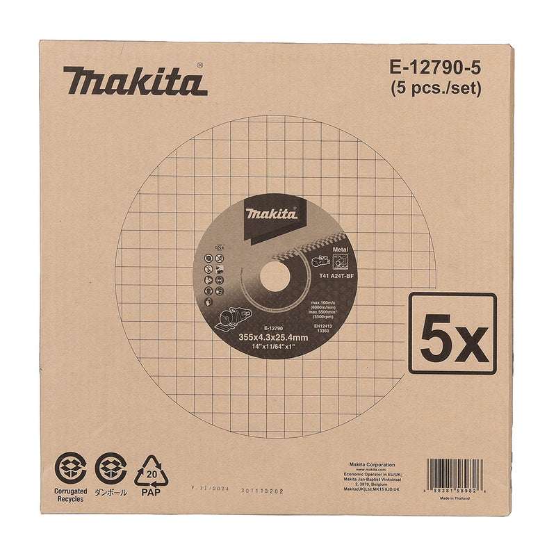 Hộp 5 lưỡi đá cắt kim loại 355mm ( 14 inch ) Makita E-12790-5 dày 4.3mm, lỗ cốt 25.4mm ( 1 inch ) ( Cấp 4 sao )
