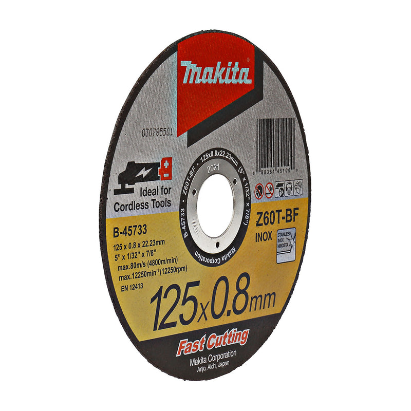 Đá cắt Inox 125mm ( 5 inch ) loại siêu mỏng, cắt nhanh đường cắt đẹp Makita dày 0.8mm, lỗ cốt 22.23mm ( 7/8 inch ) đĩa phẳng dùng cho máy mài góc Pin ( Cấp 4 sao )