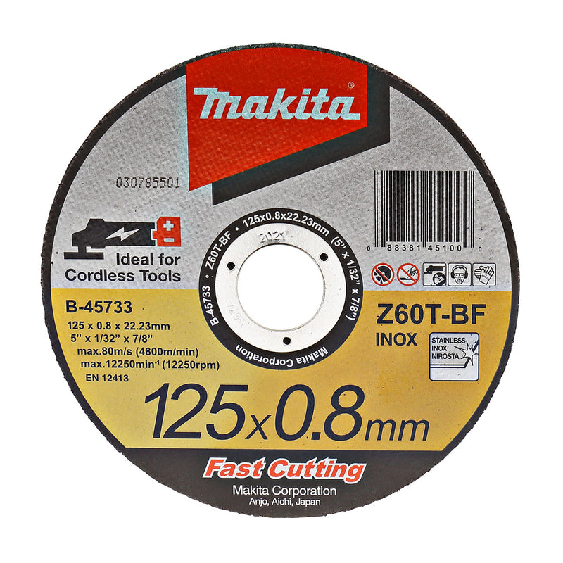 Đá cắt Inox 125mm ( 5 inch ) loại siêu mỏng, cắt nhanh đường cắt đẹp Makita dày 0.8mm, lỗ cốt 22.23mm ( 7/8 inch ) đĩa phẳng dùng cho máy mài góc Pin ( Cấp 4 sao )