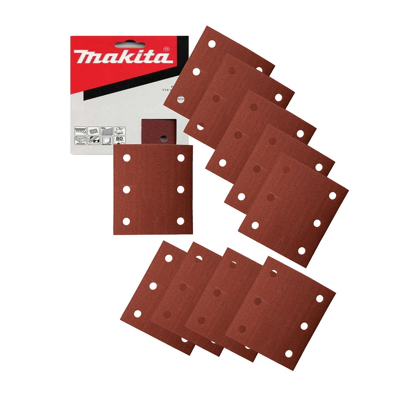 Hộp 10 giấy nhám vuông đục lỗ 114x102mm Makita cho gỗ, kim loại, tẩy sơn bề mặt dùng với đế gai tương tích với máy BO4555
