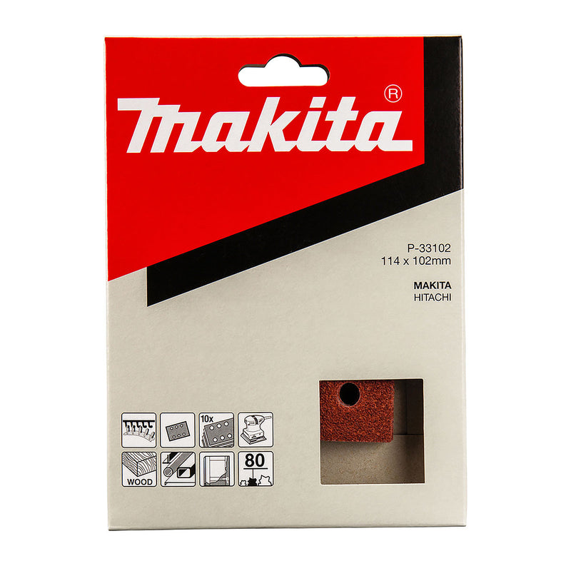 Hộp 10 giấy nhám vuông đục lỗ 114x102mm Makita cho gỗ, kim loại, tẩy sơn bề mặt dùng với đế gai tương tích với máy BO4555