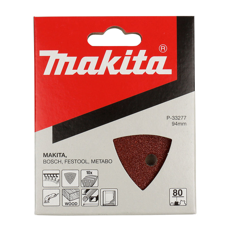 Hộp 10 giấy nhám tam giác 94mm Makita cho gỗ, kim loại tương thích với máy BO4565