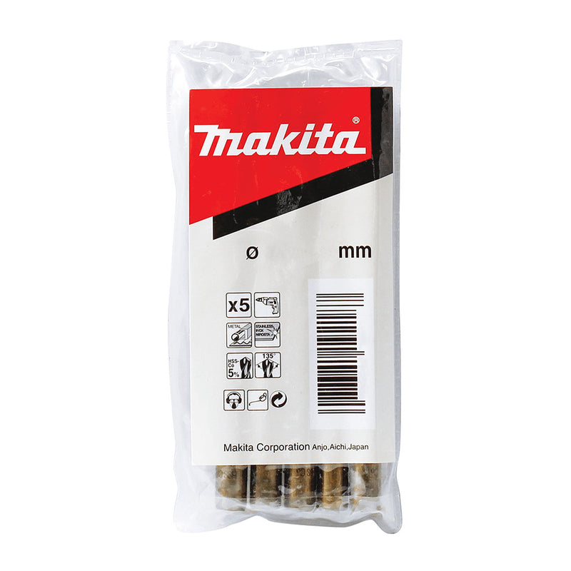 Hộp 5 mũi khoan Inox, chất liệu HSS-Co 5% Makita đuôi tròn kích thước từ 1.5mm - 13mm
