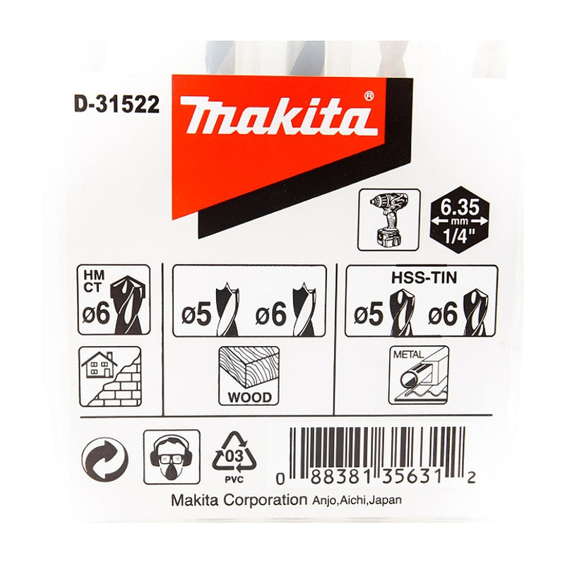 Bộ 5 mũi khoan kim loại, tường và gỗ đuôi lục giác 6.35mm ( 1/4 inch ) Makita D-31522 chất liệu HSS-TiN