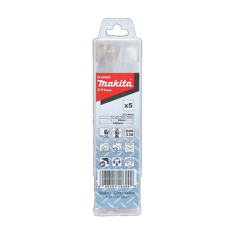 Mũi khoan kim loại HSS-Tin Makita đuôi trơn, kích thước từ 11mm - 13mm, 5 mũi/hộp