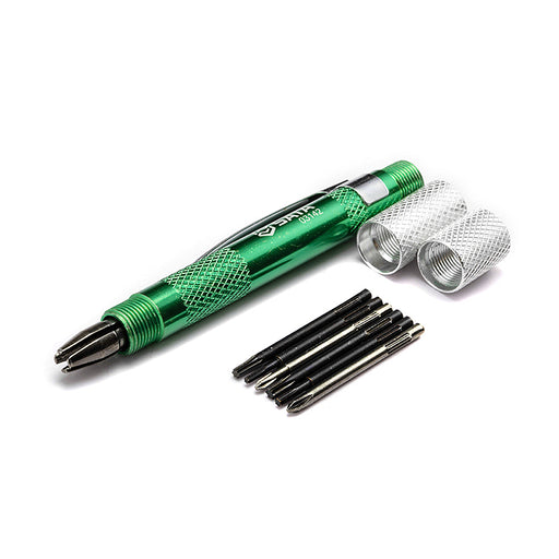 Bộ tua vít điện tử SATA 03142 6 chi tiết: 4 mũi Torx (T5-T8), 2 mũi Phillips (PH00, PH0), cán nhôm, tích hợp khoang chứa.