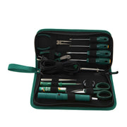 Bộ dụng cụ sửa chữa điện tử SATA 03710 13 chi tiết: Mỏ hàn, kìm, tua vít, nhíp, kéo, bút thử điện, hút thiếc.