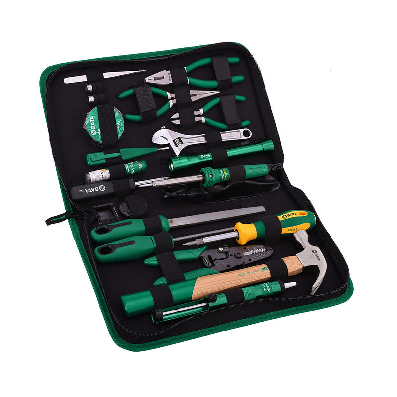 Bộ dụng cụ sửa chữa điện tử SATA 03780 25 chi tiết: Mỏ hàn, kìm, tua vít, đồng hồ vạn năng, túi đựng chuyên nghiệp.
