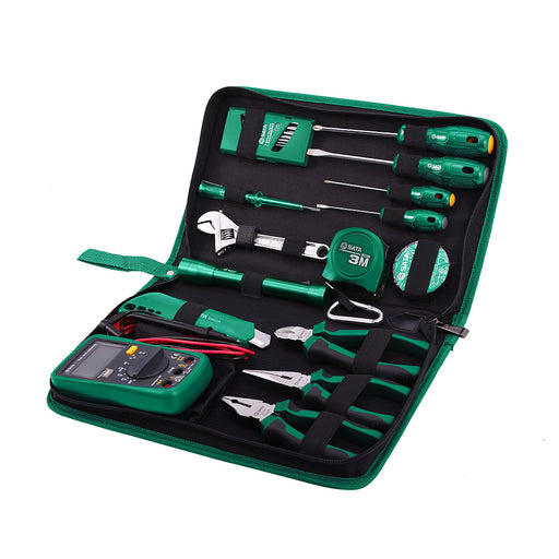Bộ dụng cụ sửa điện 21 chi tiết SATA 03790: đồng hồ vạn năng, kìm, tua vít, đèn pin, thước cuộn.