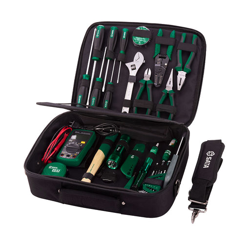 Bộ dụng cụ sửa điện 32 chi tiết SATA 03795: đồng hồ vạn năng, mỏ hàn, kìm, tua vít và phụ kiện điện tử chuyên nghiệp, đựng trong túi chuyên dụng.