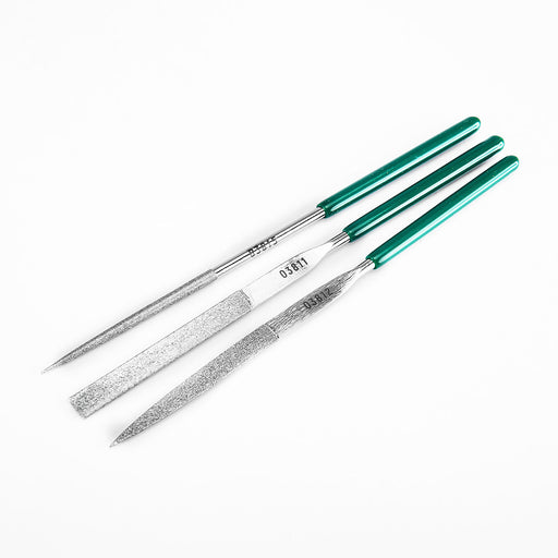 Bộ dũa kim cương SATA 03860 3 chi tiết 3x140mm: dũa dẹt, bán nguyệt, tròn, gia công chi tiết nhỏ, cứng cao.