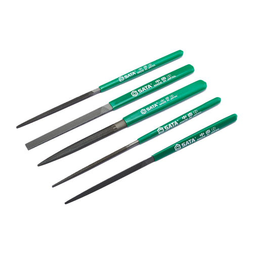 Bộ 5 dũa kim loại mini SATA 03902 200mm Nhật Bản, thép SK2, răng trung bình, đa dạng hình dạng: dẹt, bán nguyệt, vuông, tròn, tam giác, gia công chính xác.