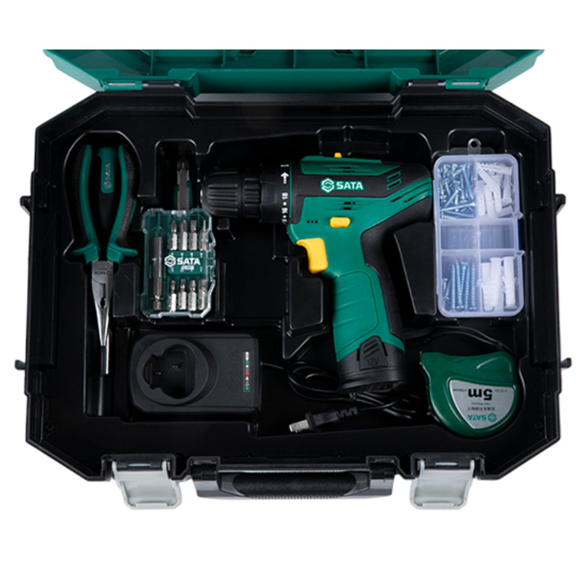 Bộ máy khoan gỗ thép dùng Pin 12V và dụng cụ cầm tay 77 chi tiết SATA 05152B