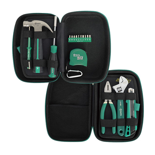 Bộ dụng cụ sửa chữa cơ bản 17 chi tiết SATA 06002A bao gồm búa, kìm, mỏ lết, dao rọc, thước cuộn, bút thử điện và 10 mũi vặn vít.