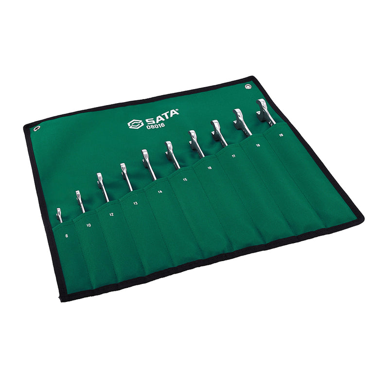 Bộ cờ lê vòng miệng tự động SATA X-Beam 10 chi tiết 8-19mm, 72 răng, Cr-V, túi cuộn.