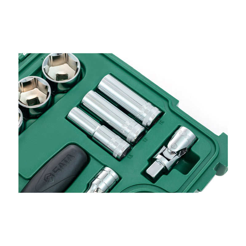 Bộ đầu tuýp, kèm cần siết 23 chi tiết SATA 09005 cốt 1/2 inch, kích thước từ 10mm - 34mm