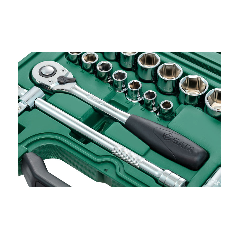 Bộ đầu tuýp, kèm cần siết 23 chi tiết SATA 09005 cốt 1/2 inch, kích thước từ 10mm - 34mm