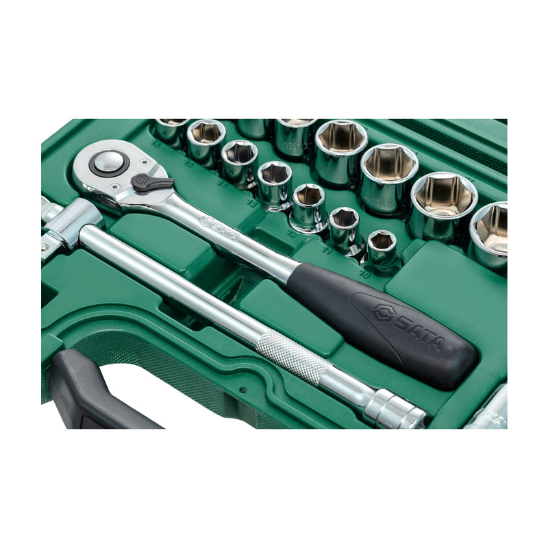 Bộ đầu tuýp, kèm cần siết 23 chi tiết SATA 09005 cốt 1/2 inch, kích thước từ 10mm - 34mm