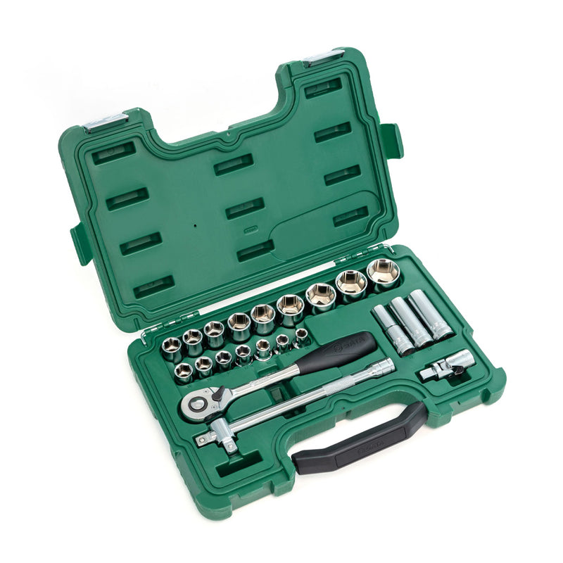 Bộ đầu tuýp SATA 09005 23 chi tiết cốt 1/2 inch, 10-34mm, thép Cr-V, đa năng.
