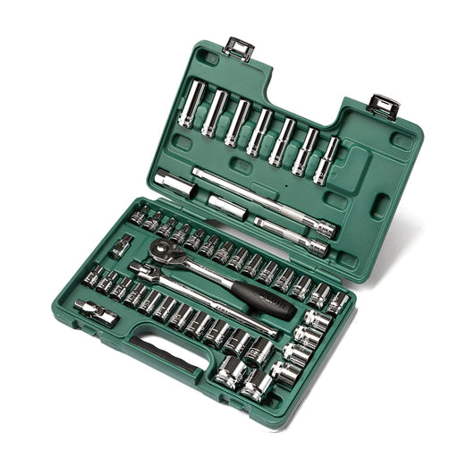 Bộ đầu tuýp SATA 09006 46 chi tiết cốt 1/2 inch, kết hợp hệ mét và SAE, đa dụng cho mọi sửa chữa.