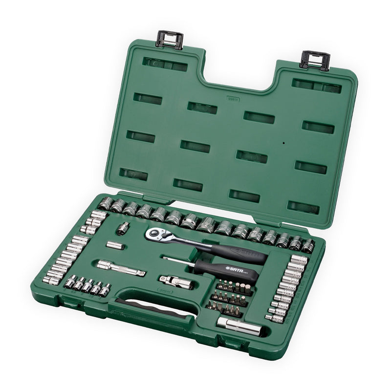 Bộ đầu tuýp 65 chi tiết SATA 09011 hệ mét/inch, cần siết 1/4" & 3/8", thép Cr-V, hộp nhựa cứng.