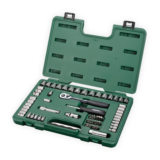 Bộ đầu tuýp 65 chi tiết SATA 09011 hệ mét/inch, cần siết 1/4" & 3/8", thép Cr-V, hộp nhựa cứng.