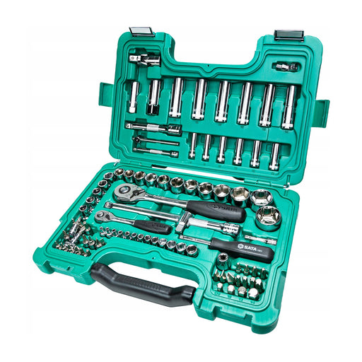 Bộ đầu tuýp 88 chi tiết SATA 09013 cốt 1/4 inch và 1/2 inch, hộp xanh chuyên dụng, đầy đủ phụ kiện.