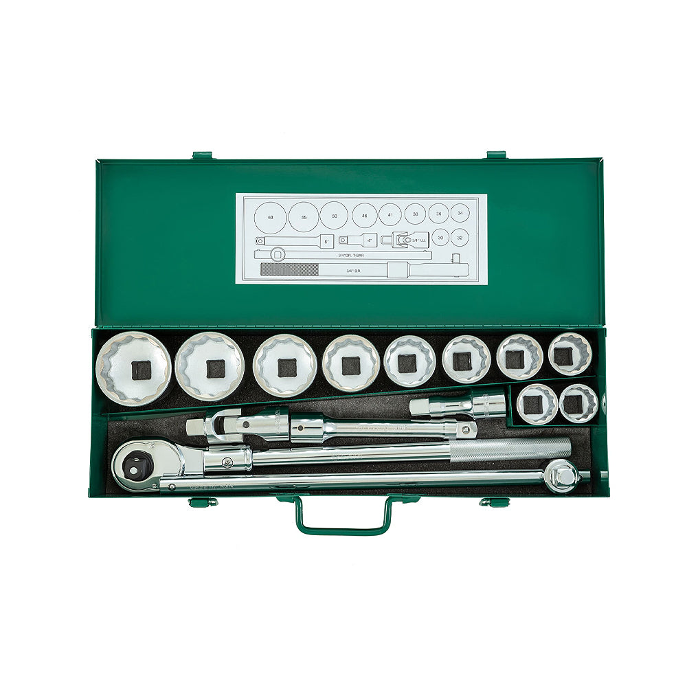 Bộ đầu tuýp kèm cần siết 15 chi tiết SATA 09015 cốt 3/4 inch, kích thước từ 30mm - 60mm