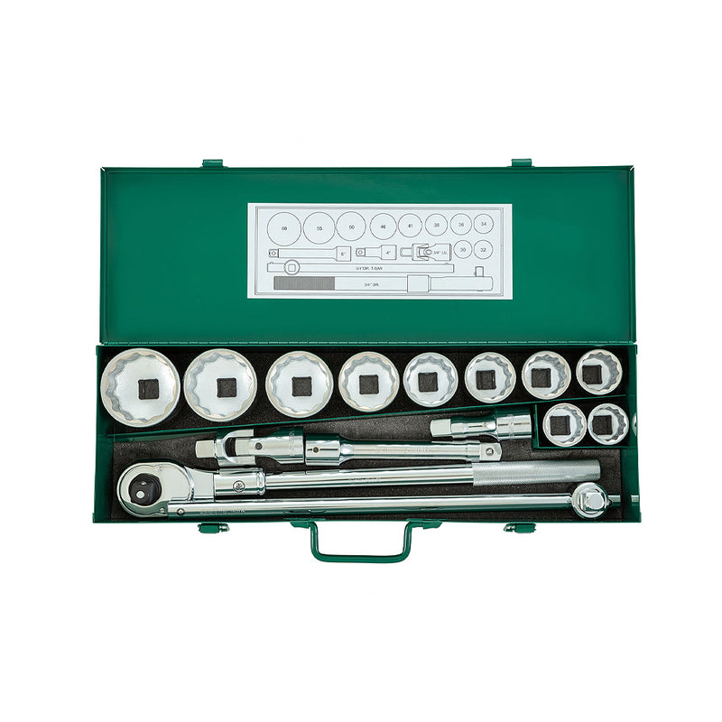 Bộ đầu tuýp kèm cần siết 15 chi tiết SATA 09015 cốt 3/4 inch, kích thước từ 30mm - 60mm
