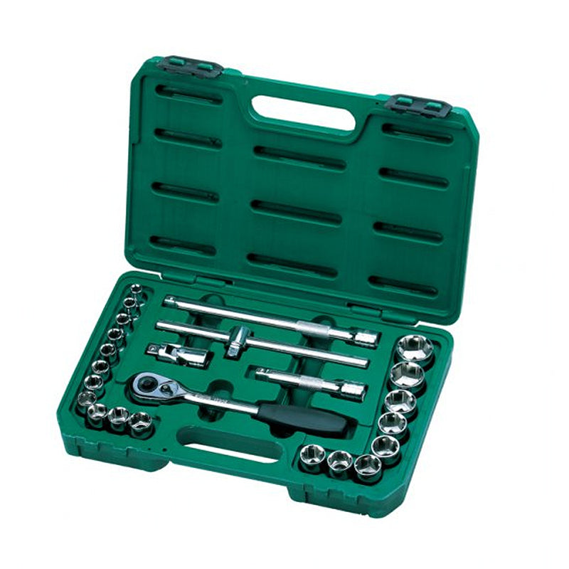 Bộ đầu tuýp SATA 09060-6 cốt 1/2 inch, 24 chi tiết, 6 cạnh, 9-32mm, thép Cr-V, mạ Chrome bóng.