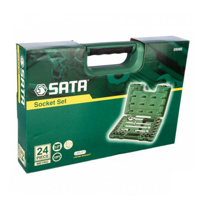 Bộ đầu tuýp 12 cạnh, kèm cần siết 24 chi tiết SATA 09060 cốt 1/2 inch, kích thước từ 9mm - 32mm