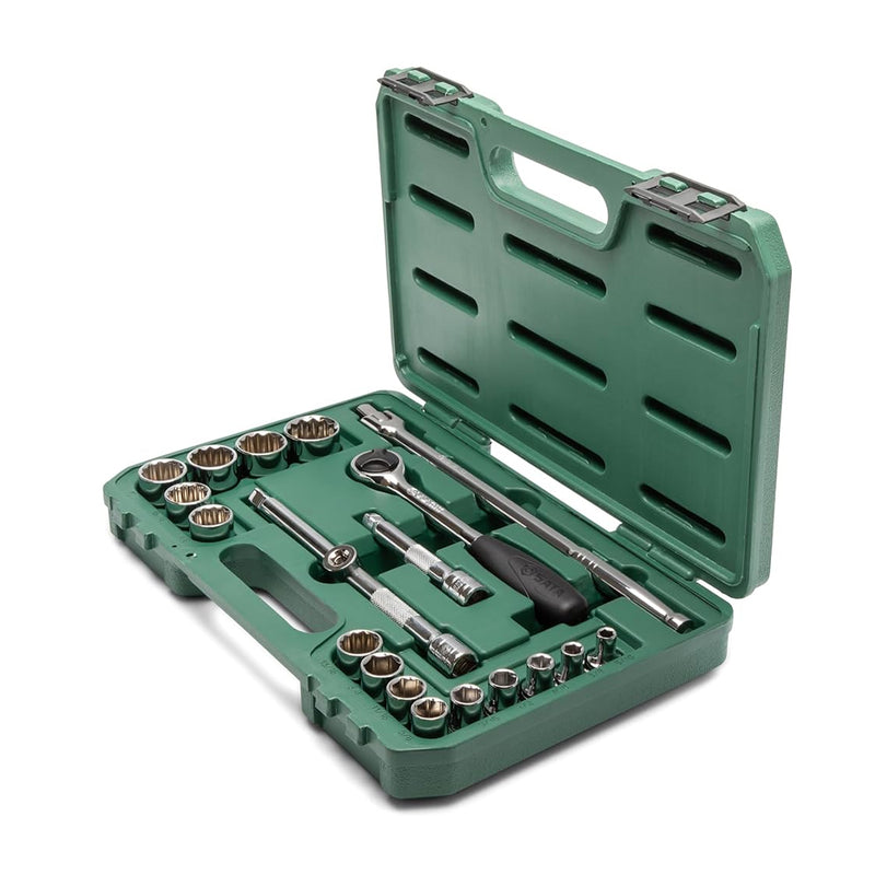 Bộ đầu tuýp 24 chi tiết SATA 09060 cốt 1/2 inch 9-32mm, 12 cạnh, thép Cr-V, mạ Chrome.