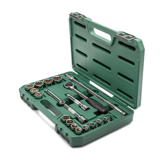 Bộ đầu tuýp 24 chi tiết SATA 09060 cốt 1/2 inch 9-32mm, 12 cạnh, thép Cr-V, mạ Chrome.