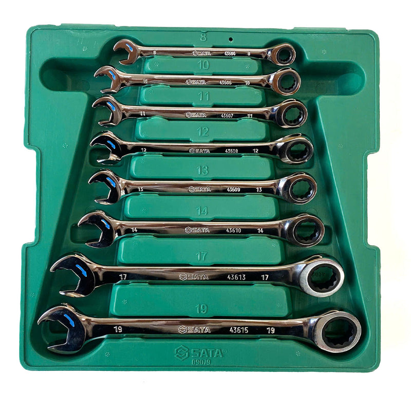 Bộ cờ lê vòng miệng tự động SATA 8 chi tiết 8-19mm, 72 răng, Cr-V, mạ Chrome, chuyên nghiệp, giá tốt