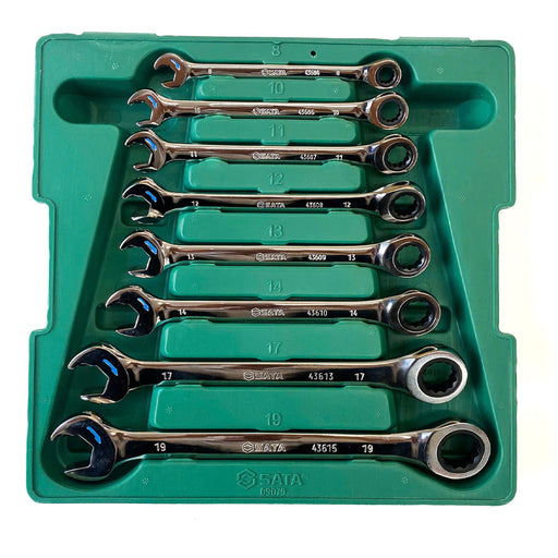 Bộ cờ lê vòng miệng tự động SATA 8 chi tiết 8-19mm, 72 răng, Cr-V, mạ Chrome, chuyên nghiệp, giá tốt