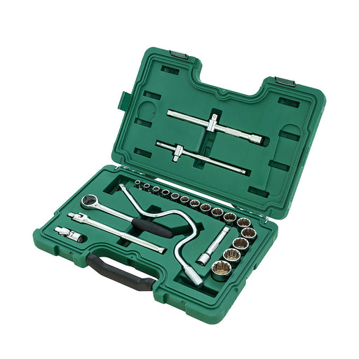 Bộ đầu tuýp kèm cần siết SATA 09088 cốt 1/2 inch hệ inch 22 chi tiết, thép Cr-V, mạ chrome sáng bóng, hộp đựng chuyên dụng.
